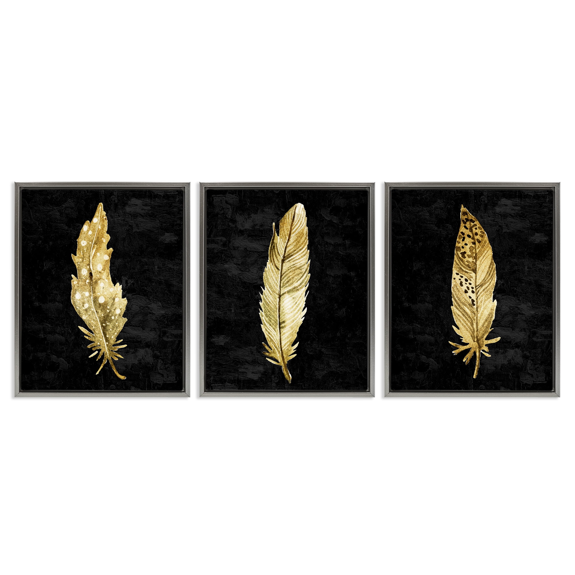 Black & Gold Feathers 3 Piece Gray Framed Floater Canvas Set, design by Kim Allen