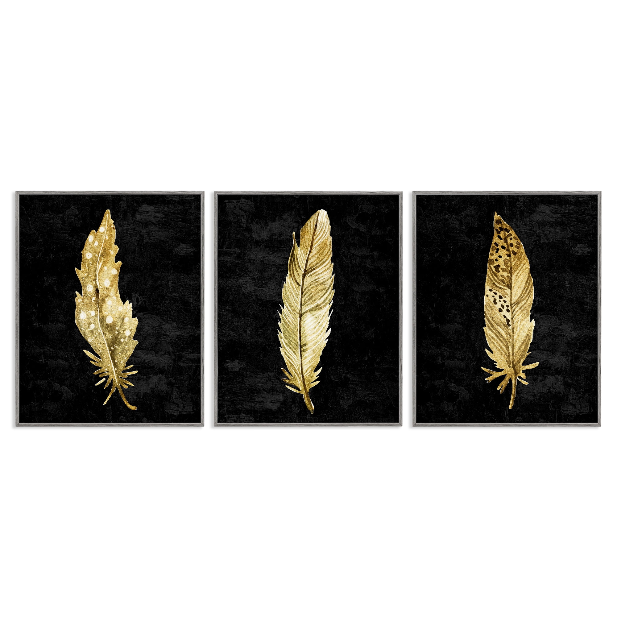 Black & Gold Feathers 3 Piece Gray Framed Giclee Art Set, design by Kim Allen