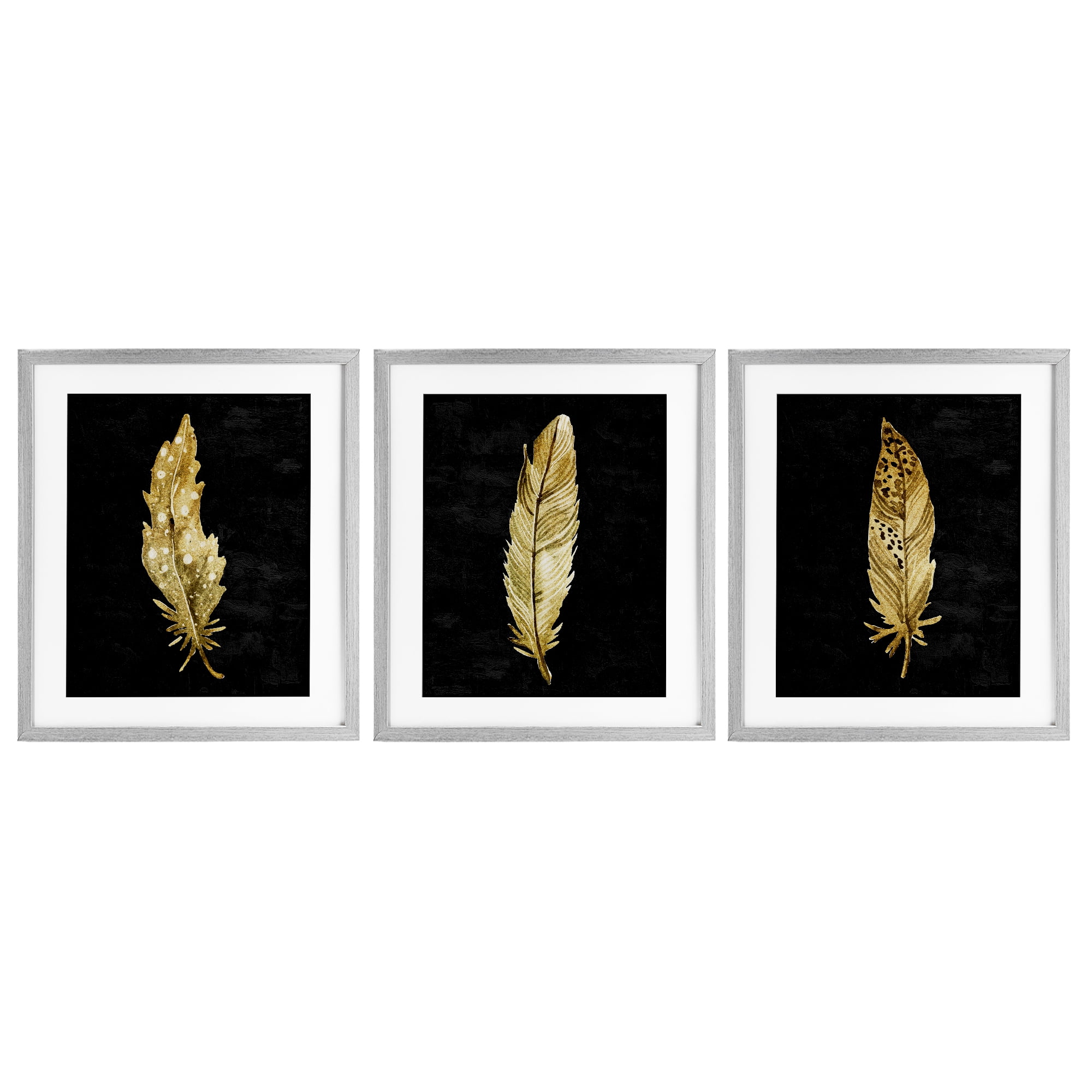 Black & Gold Feathers 3 Piece Gray Framed Print Under Glass Set, design by Kim Allen
