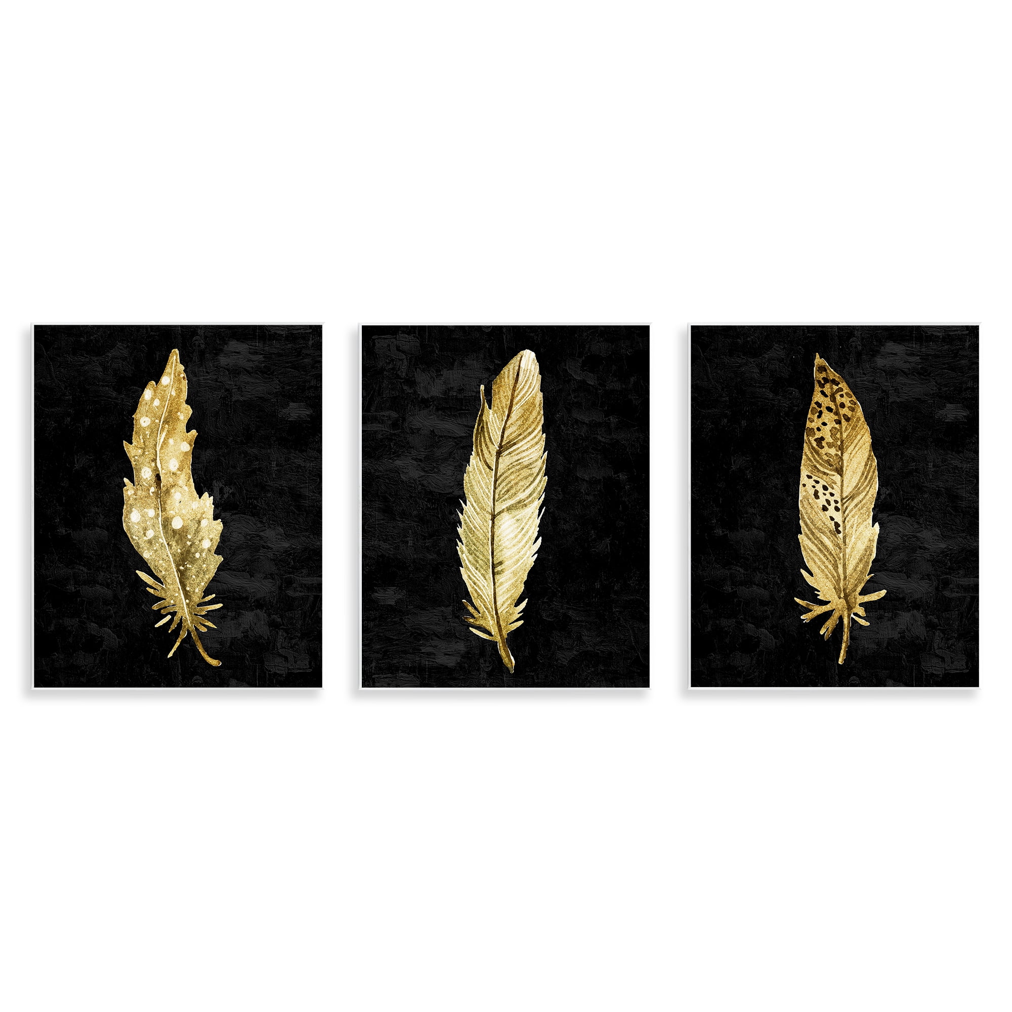Black & Gold Feathers 3 Piece Wall Plaque Art Set, design by Kim Allen