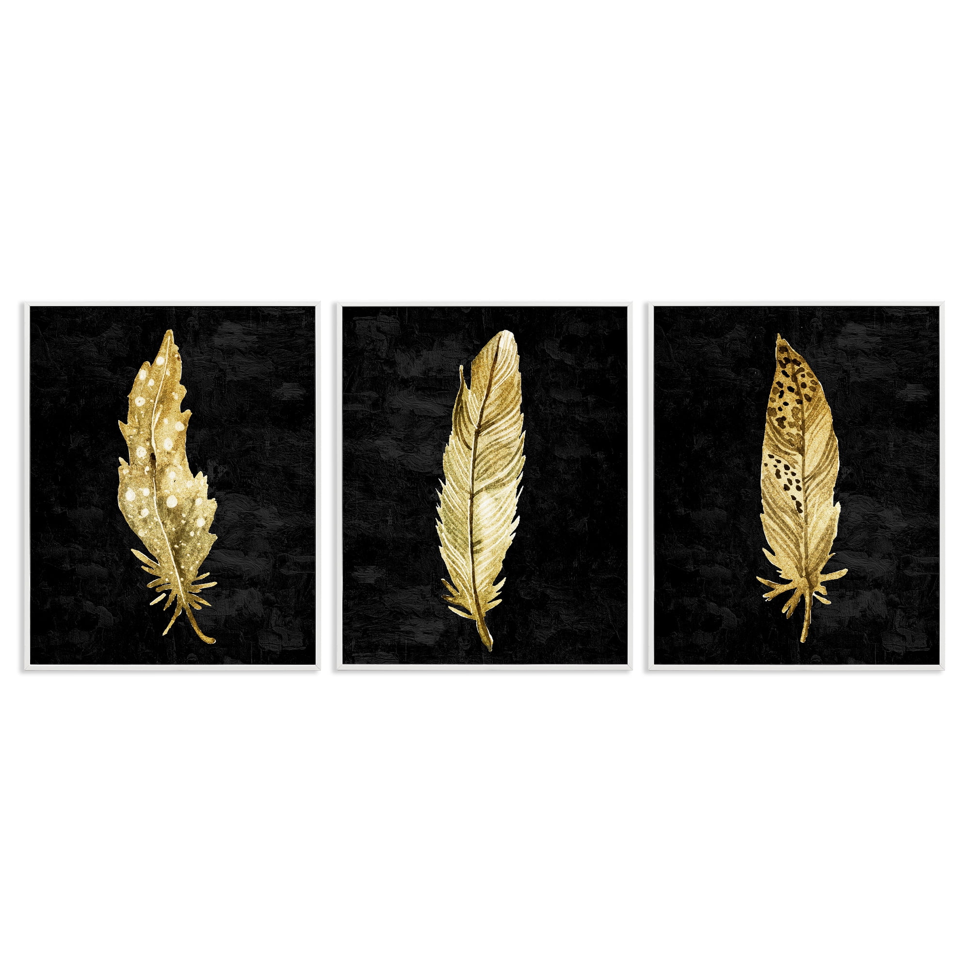 Black & Gold Feathers 3 Piece White Framed Giclee Art Set, design by Kim Allen