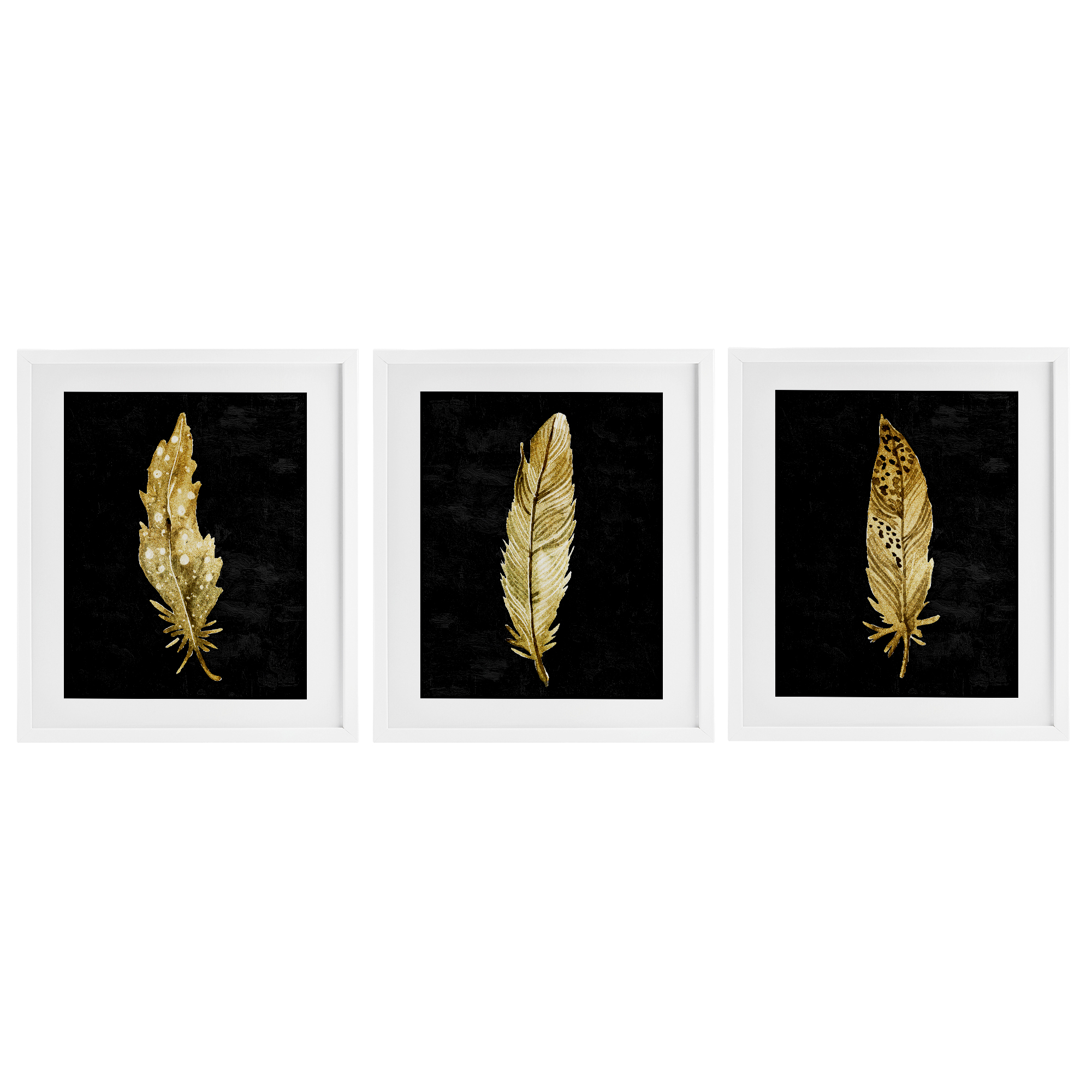 Black & Gold Feathers 3 Piece White Framed Print Under Glass Set, design by Kim Allen