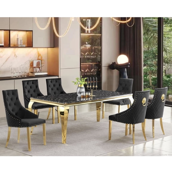 Black Gold Finish Luxury Glam 7pc Dining Set Table Chairs Upholstered Velvet