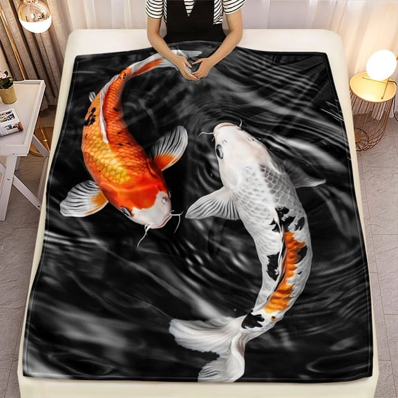 Black & Gold Fish Scale Jacquard Bedspread - Soft Flannel Lightweight Blanket, 280gsm All-Season Warmth for Bed Sofa Travel Camping - Navy Blue/Gold Pattern