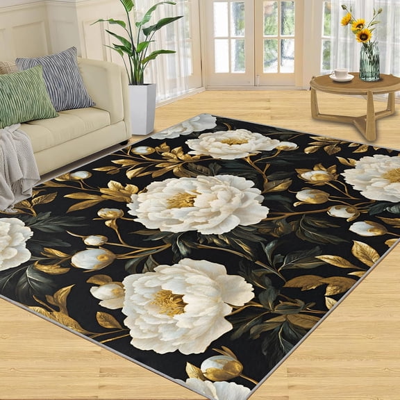 Black Gold Floral Area Rugs, Black Vintage Flower Carpet, Washable Non Slip Low Pile Soft Rug for Living Room Bedroom Dining Room Home Office Decor Mat 2x3ft