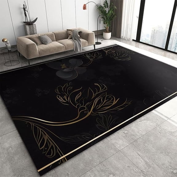 Black And Gold Floral Art Area Rug, Golden Line Plants Soft Washable Rug, Anti-Slip Backing Decorative Rug For Living Room Bedroom Kitchen Dining Room Home Rug 5x8ft
