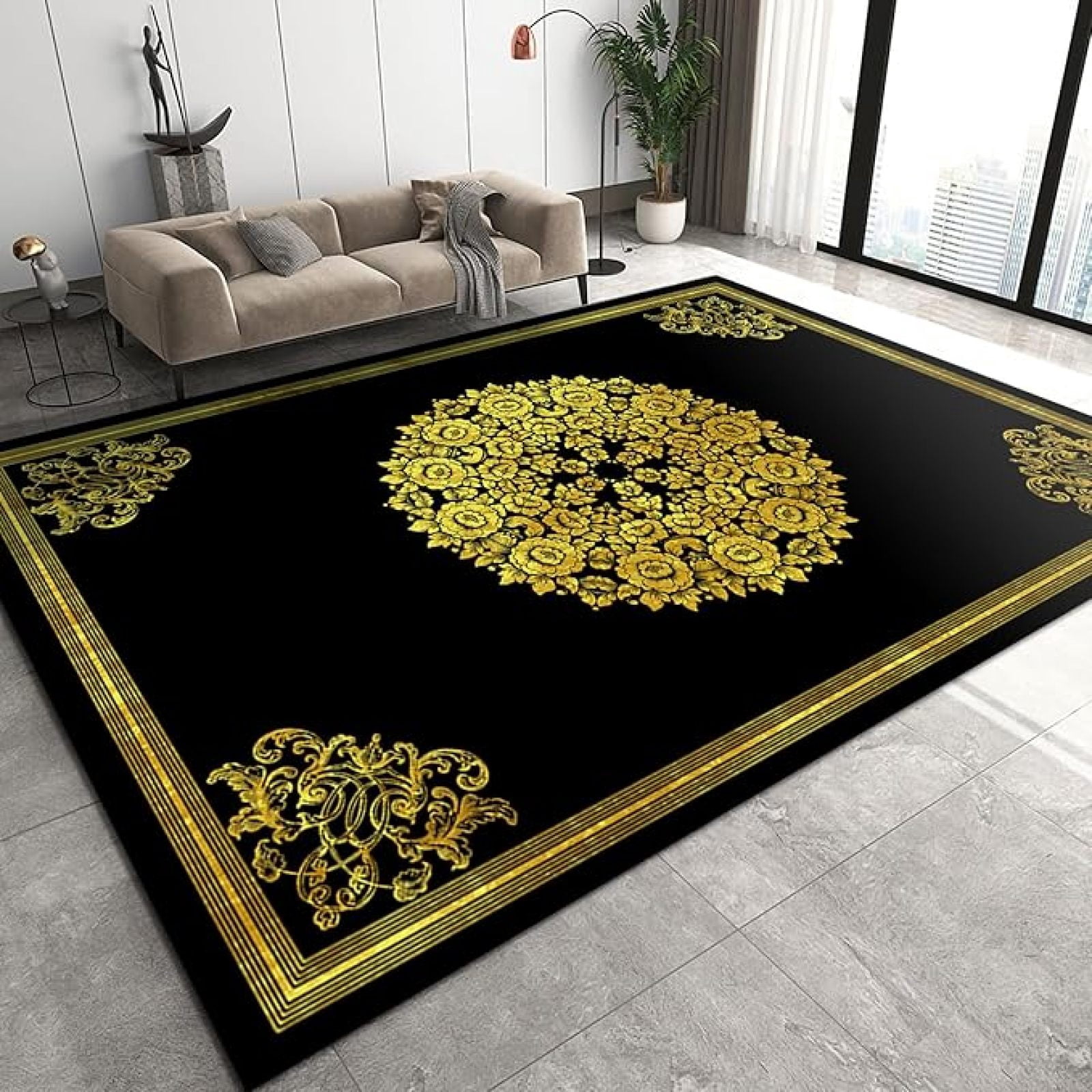 Black Gold Floral Art Area Rugs, Retro Golden Border Lines Easy Clean ...