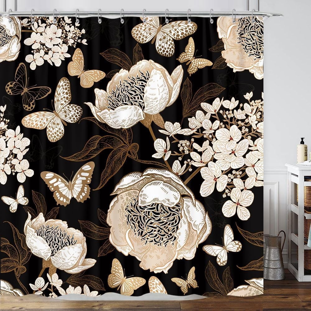 Black and Gold Floral Butterfly Shower Curtain, Boho Dark Flowers Botanical Aesthetic Shower Curtain for Bathroom with Hook, Vintage Moth Farmhouse Unique Chic Shower Curtain Set with Hooks 72X72