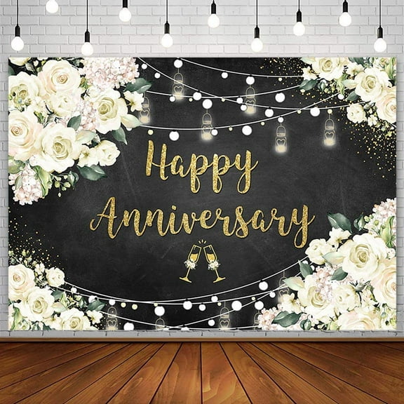 Black and Gold Floral Happy Anniversary Backdrop Chalkboard Flower Love Cheers to 10 Years 50th Wedding Birthday Party Supplies Decorations Banner Photo Background Studio Props