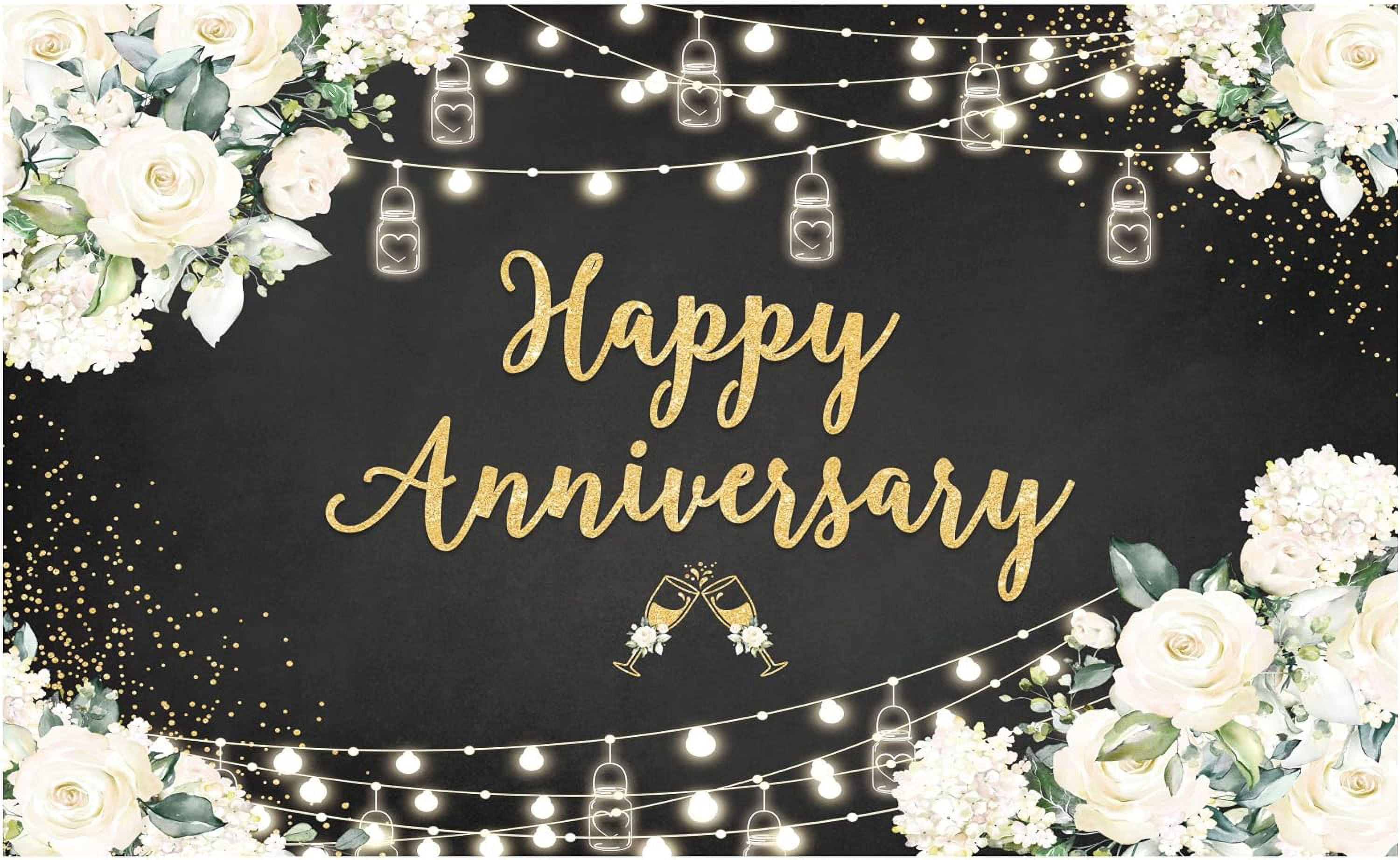 MEHOFOND 7x5ft Happy Anniversary Backdrop - White Floral Geometric Photography Background For Wedding, Party