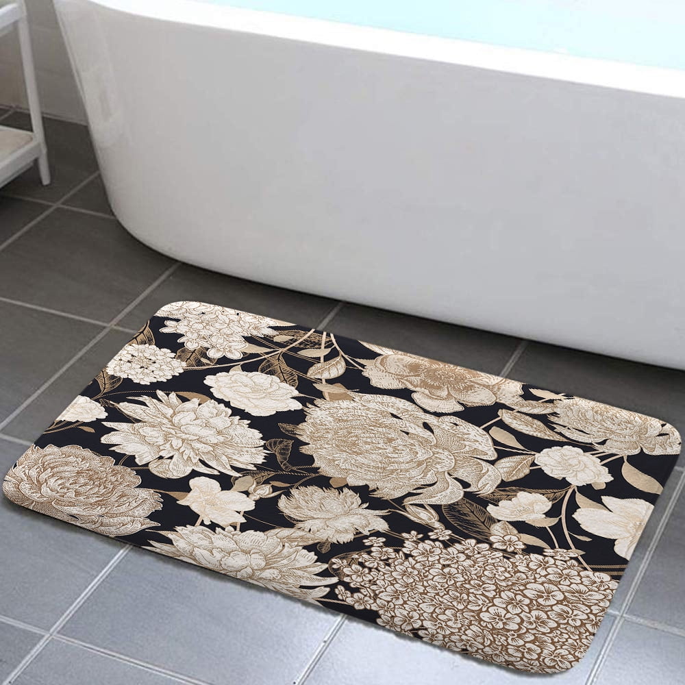 Black and Gold Floral Non-slip Bath Mats Rugs, Vintage Boho Floral ...