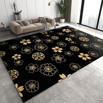 Black and Gold Floral Pattern Area Rug, European Minimalist Plant Print Indoor Rugs, with Anti-Slip Backing Washable Carpet for Living Room Bedroom Study Dining Room 2' x 3'