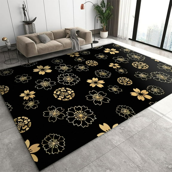 Black and Gold Floral Pattern Area Rug, European Minimalist Plant Print Indoor Rugs, with Anti-Slip Backing Washable Carpet for Living Room Bedroom Study Dining Room 2' x 3'