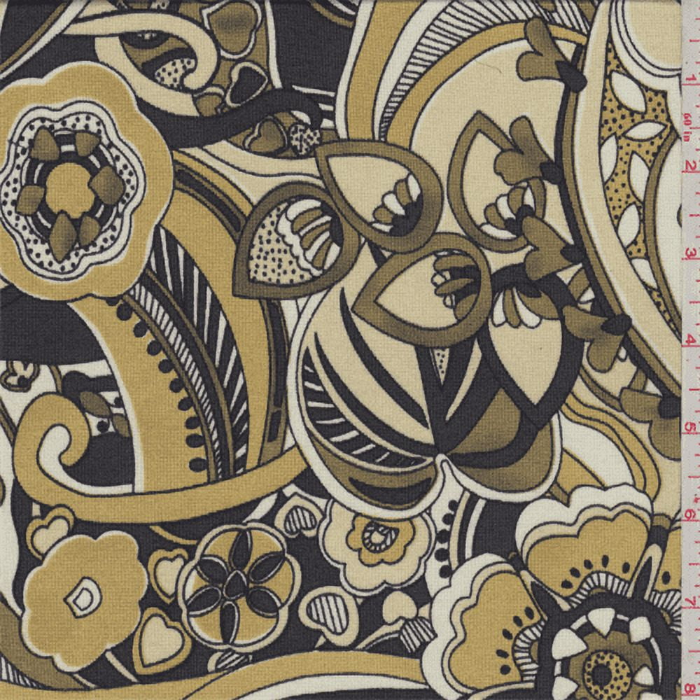Black/Gold Floral Scroll Silk Jersey Knit, Fabric By the Yard