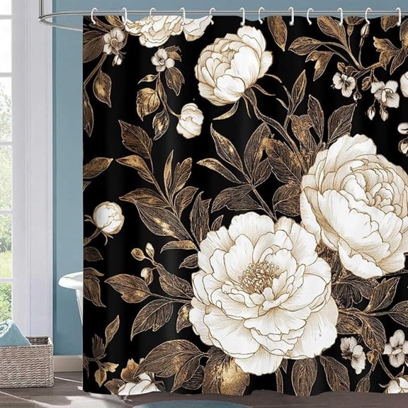 Black Gold Floral Shower Curtain, Boho Dark Roses Flower Leaves Botanical Decor Bath Curtains, Vintage Rose Gold Unique Chic Shower Curtain Set For Bathroom With Hook 36"W x 72"L