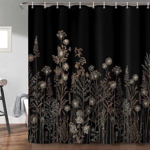 Black and Gold Floral Shower Curtain, Vintage Dark Boho Aesthetic Dark Wildflower Botanical Flowers Shower Curtain for Bathroom, Rustic Nature Art Printed Fabric Shower Curtain with Hook, 70X70IN