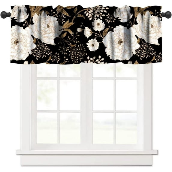 Black Gold Floral Valance, Retro Peony Rose Flowers Oriental Style Gothic Garden Blackout Short Window Treatments for Farmhouse Living Room Bedroom Kitchen, 54x18in