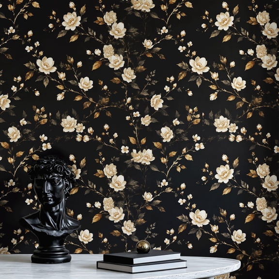 Black Gold Floral Wallpaper Vintage Gothic Rustic Peel and Stick Wallpaper Contact Paper Waterproof Wall Decor for Living Room Bedroom Bathroom Kitchen Cabinet Drawer Rental Property 17.7 * 118 in