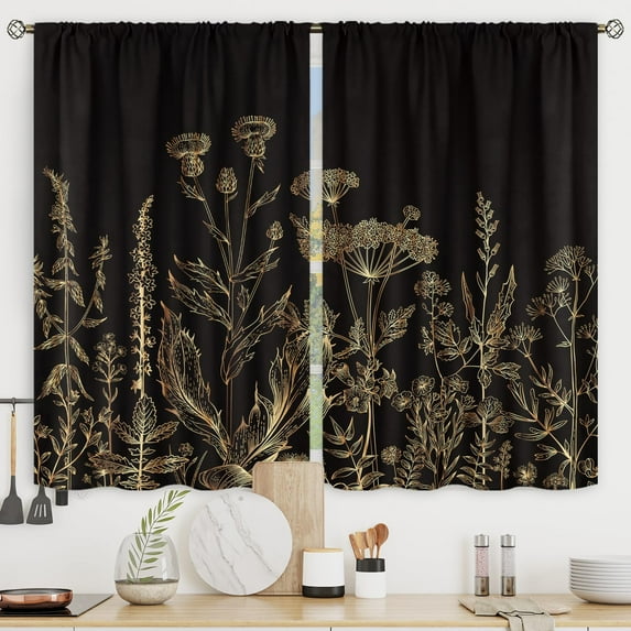 Black Gold Floral Wildflower Kitchen Curtains Short Small Rustic Dark Botanical Leaves Vintage Flower Farmhouse Rod Pocket Nature Bedroom Living Room Treatment Fabric 2 Panels 27.5Wx39H Inch