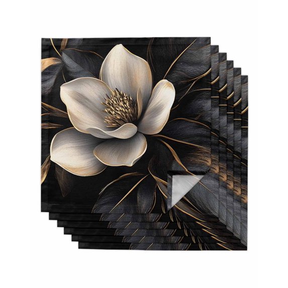 Black Gold Flower Cloth Napkins Washable Set of 6, Gradient Luxurious Floral Botanical Reusable Dinner Table Napkins Cloth Bulk for Weddings Kitchen Restaurants Hotel Events Parties 20 x 20 Inch