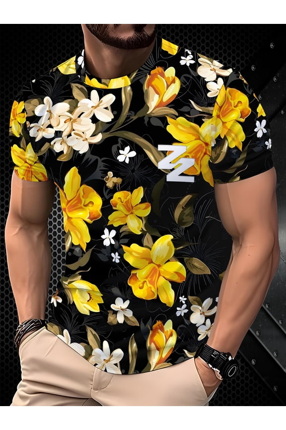 Black Gold Flower Cluster - Men's Hugh 3D Printed T-Shirt - Polyester, Transparent, Short Sleeve, Street Hip Hop, Summer Beauty, Fashion, Grid