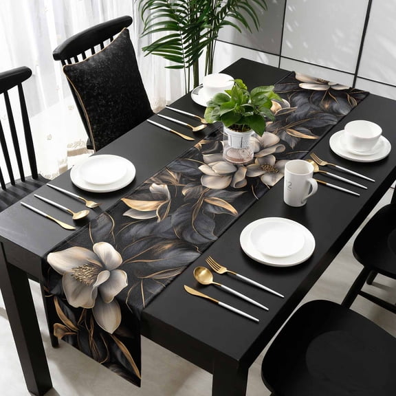 Black Gold Flower Cotton Linen Small Table Runner 13 x 60 inch Gradient Luxurious Floral Botanical Non-slip Rectangular Dining Table Decor for Wedding Party Holiday Dinner
