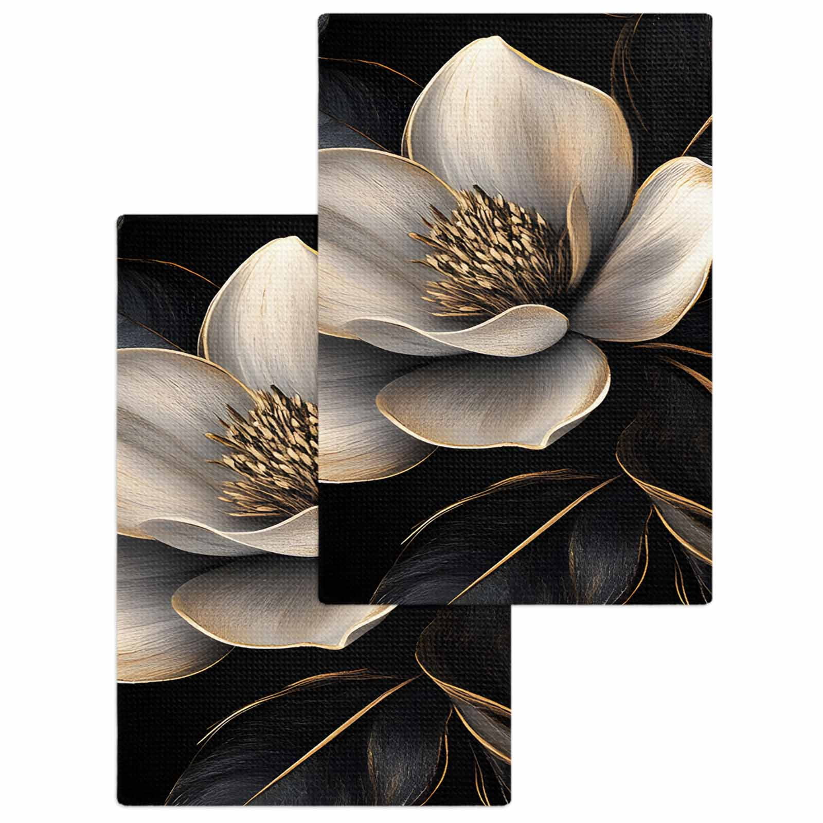 Black Gold Flower Hand Towels Set,Waffle Weave Kitchen Towels 2 Pieces,Microfiber Hair Face Bath Tea Towel Absorbent Quick Drying Cleaning Dish Cloths,Gradient Luxurious Floral Botanical 15.7"x23.6"