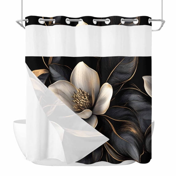 Black Gold Flower No Hook Shower Curtain with Snap in Liner, Gradient Luxurious Floral Botanical Double-Layer Waterproof Fabric Shower Curtains for Bathroom Hotel Bathtub, Mesh Top 72"x78"