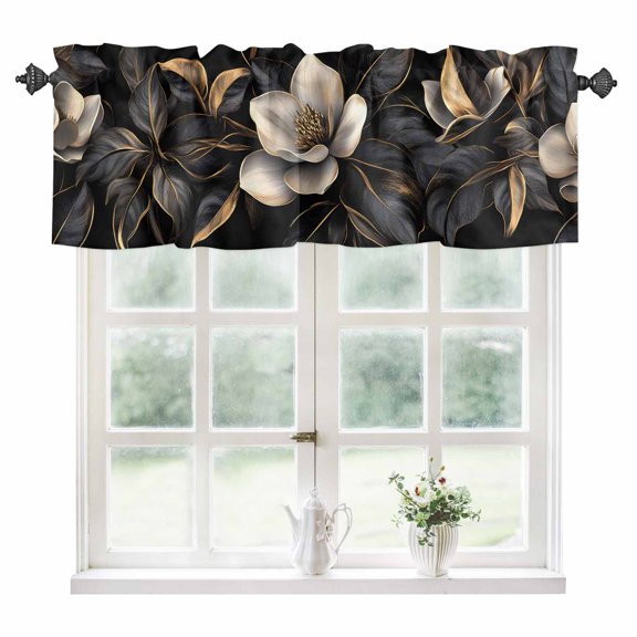 Black Gold Flower Kitchen Valances for Windows 42x12 Inch Kitchen Curtains Valances Rod Pocket Gradient Luxurious Floral Botanical Bathroom Window Valances for Window Treatment Decor