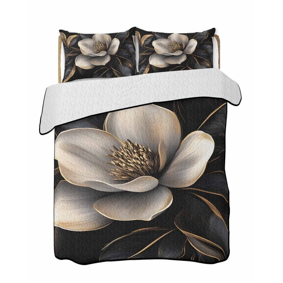 Black Gold Flower Summer Quilt Set Full Size,Soft Microfiber Quilted Bedding Set with 2 Pillow Shams,Gradient Luxurious Floral Botanical Lightweight All Season Bedspread Coverlet for Bedroom 78"x90"