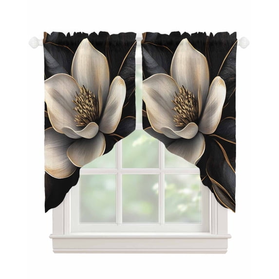 Black Gold Flower Swag Valances for Windows, Gradient Luxurious Floral Botanical Rod Pocket Sheer Valances for Small Windows, Swag Toppers Light Filtering for Kitchen Living Room 2 Panels 36''x36''