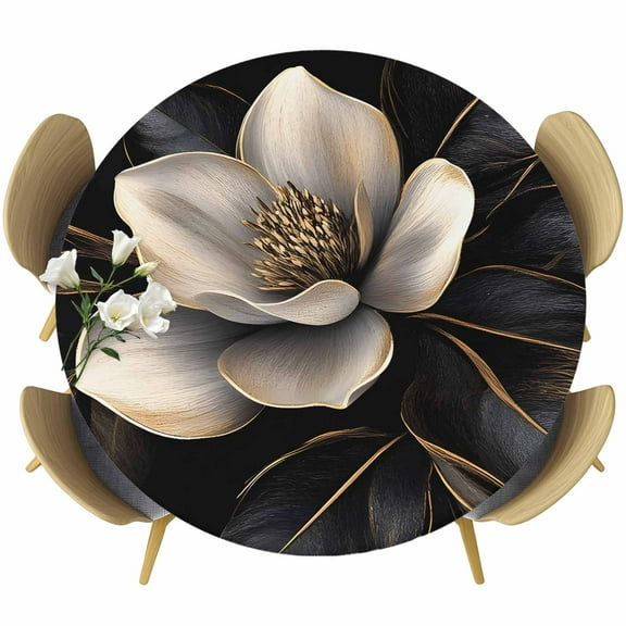 Black Gold Flower Table Cloth, Round Fitted Tablecloths with Elastic Edge, Gradient Luxurious Floral Botanical Wipeable Waterproof Table Cover for Kitchen Wedding 55-60 Inches