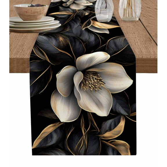 Black Gold Flower Table Runner Gradient Luxurious Floral Botanical Tablerunners 13 x 90 Inch, Table Decorations Tabletop Scarf for Summer Gathering Holiday Farmhouse Kitchen Dining Decor