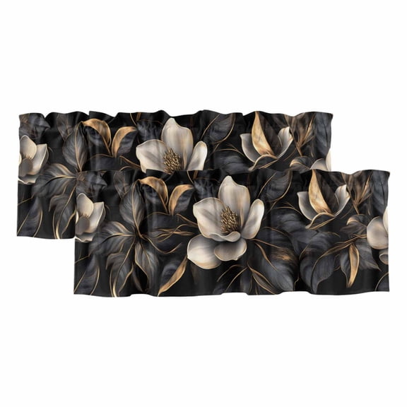 Black Gold Flower Valances for Windows, Light Filtering Kitchen Curtain Valances 2 Panels, Gradient Luxurious Floral Botanical Rod Pocket Short Window Treatments for Living Room Bedroom 42"Wx12"L