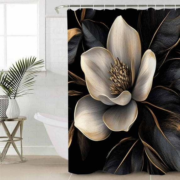 Black Gold Flower Waterproof Fabric Shower Curtain, Gradient Luxurious Floral Botanical Shower Curtain for Bathroom Curtains Bathtubs Hotel Washable Shower Curtains with 12 Hooks Stall 54x78in