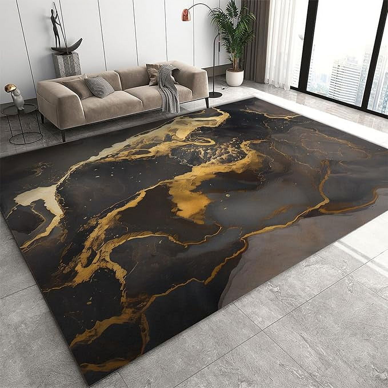 Black And Gold Fluid Marble Art Rugs For Bedroom Aesthetic, Abstract ...