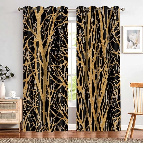 Black Gold Foil Curtains Shiny Metallic Art Tree Blackout Print Curtain Inspiration Tree Branch Room Darkening Curtains For Bedroom Living Room Kitchen Guest Room Decor 26"W x 45"L (Pack of 2)