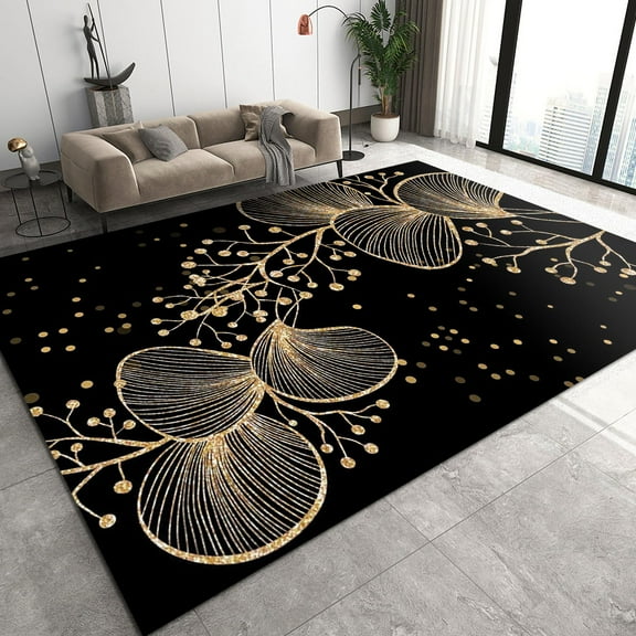 Black Gold Foliage Phalaenopsis Area Rug, Light Luxury Plant Print Living Room Rugs, Large Area Carpet With Non-Slip Backing Soft Home Decoration Carpet For Bedroom Study Room