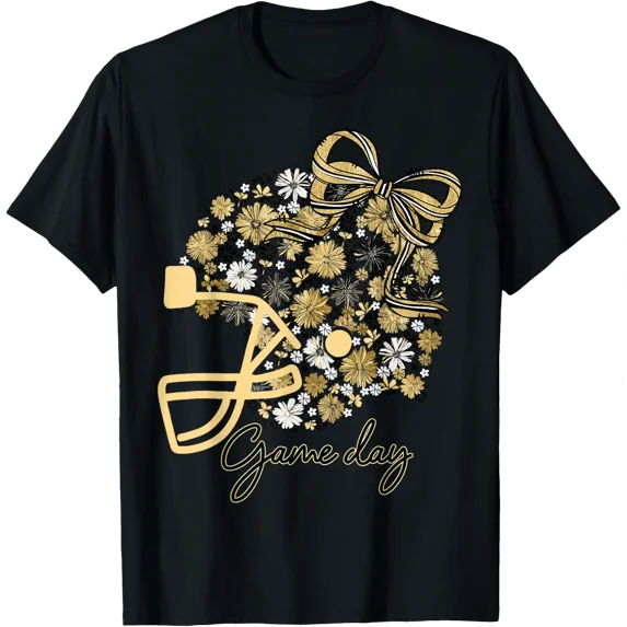 Black Gold Football Floral Bow Game Day T Shirt Size S-5XL