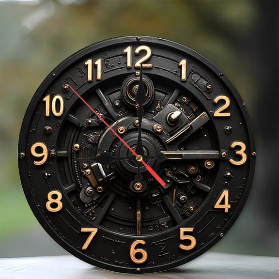 Black Gold Gear Clock Wall Decor 10-Inch Silent Wooden Wall Clock, Battery Operated (AA Batteries Not Included), Artistic Home Decor