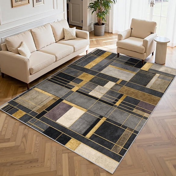 Black Gold Geometric Area Rug, Mondrian Abstract Pattern Carpet, Washable Non Slip Low Pile Soft Thin, Living Room Bedroom Home Decor Mat 5x7ft