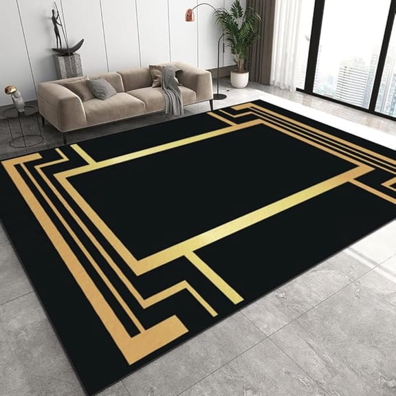Black Gold Geometric Lines Non Slip Carpet, Modern Living Room Rug, Machine Washable Area Rugs For Kitchen Dining Home Decor Office 3x4ft