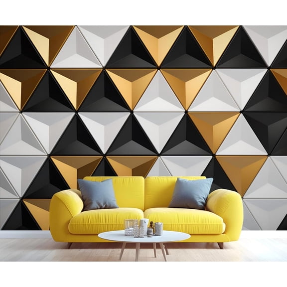 Black Gold Geometric Mural, 3D Triangular Facet Wall Paintings, Modern Geometric Murals For Living Room Bedroom, Black White Gold 3D Wall Mural 98.4"W x 68.9"H (Not Peel and Stick)