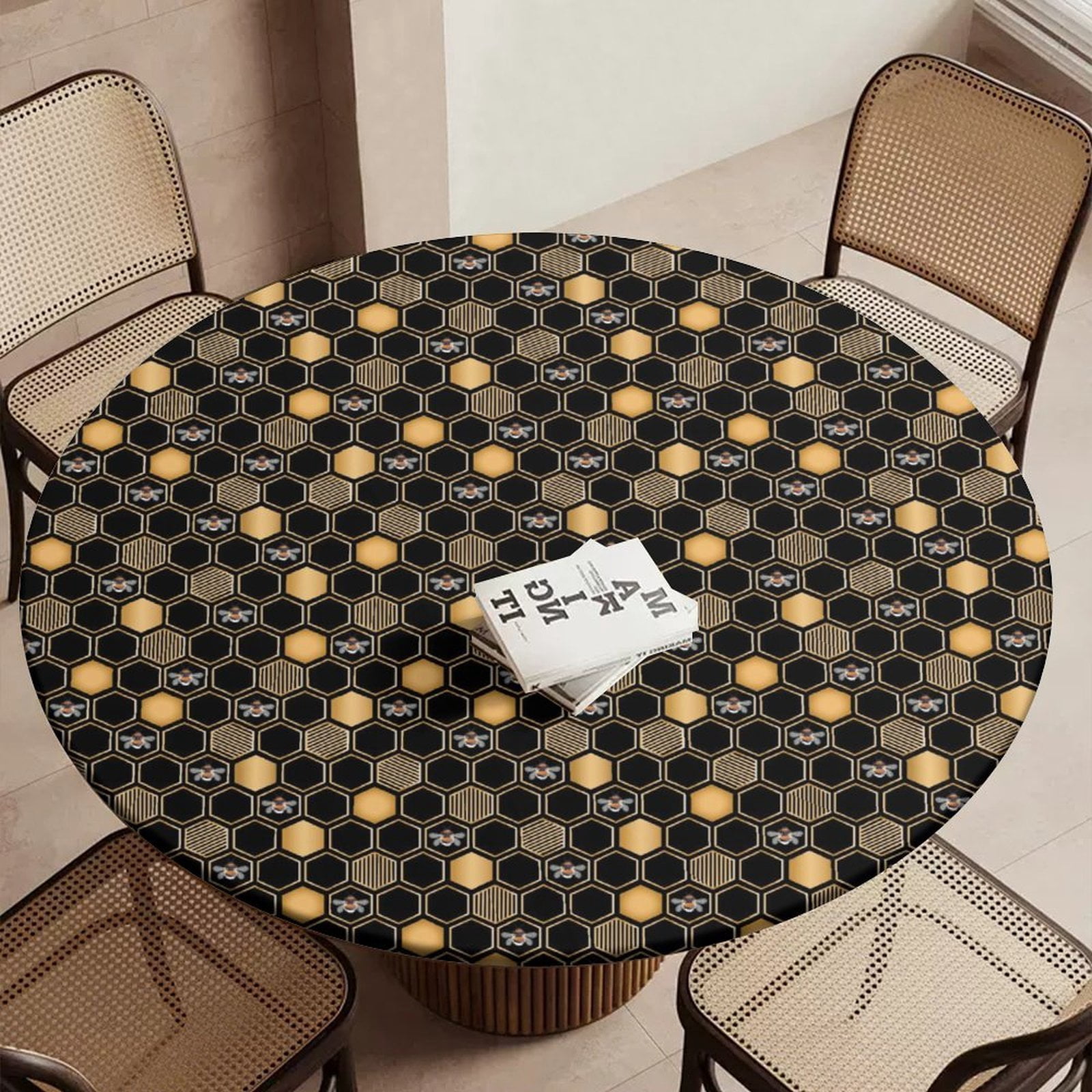 Patterned Round Table Black And Gold Geometric Pattern Round Table Cover Kitchen Printed ...
