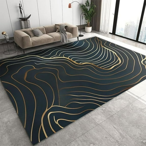 Black And Gold Geometric Rugs For Living Room Abstract Wavy Line Art Area Rug For Bedroom, Easy Clean Carpet With Anti-Slip Backing For Bedroom Living Room Dining Room Office 1x2ft