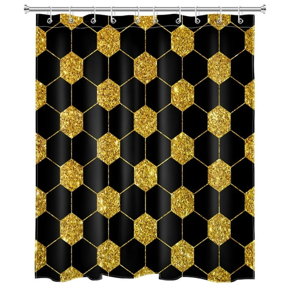 Black Gold Geometric Shower Curtain Gold Hexagon Glitter Abstract Bathroom Shower Curtain Modern Minimalist Art Shower Curtain Home Decor with 10 Hooks 60x72 Inches