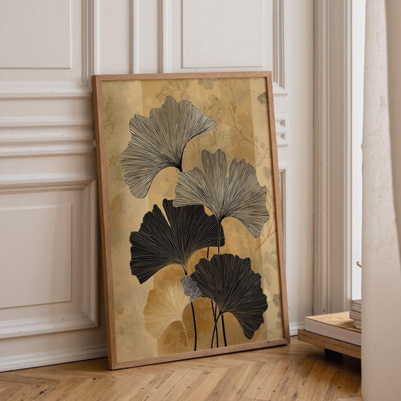 Black Gold Ginkgo Minimalist Botanical Art Deco Leaf Luxury Neutral Decor Elegant Modern Nature Art, Unframed Poster