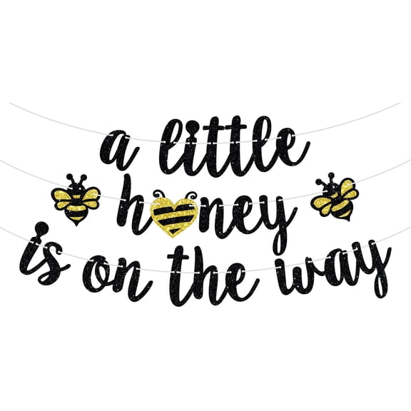 Black & Gold Glitter A Little Honey Is On The Way Banner with Bee & Heart Cutouts, Bee Themed Gender Reveal Baby Shower Decor