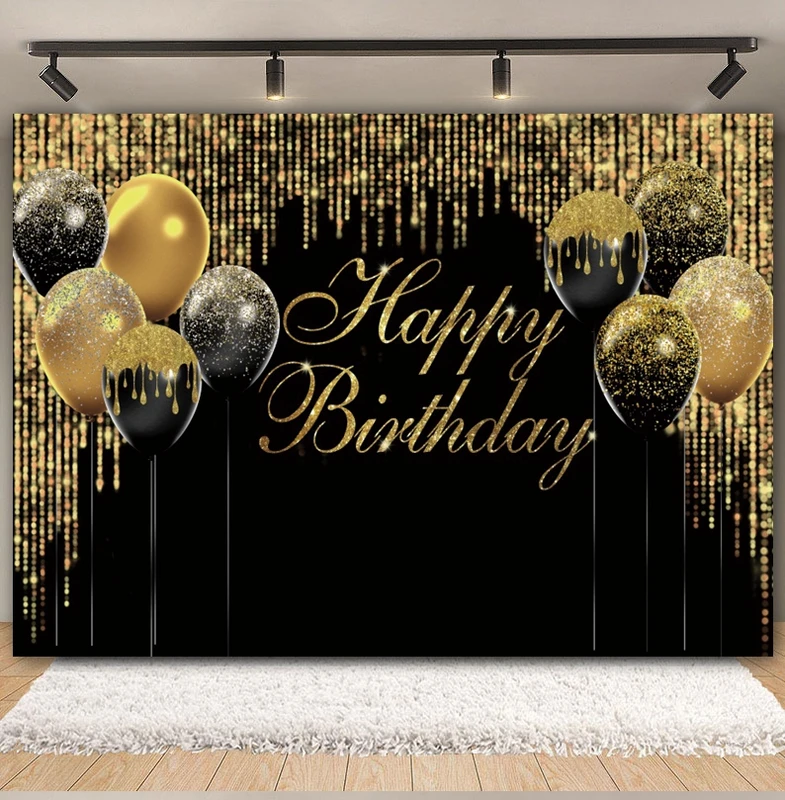 Balloons Black Gold Custom Photo Birthday Backdrop