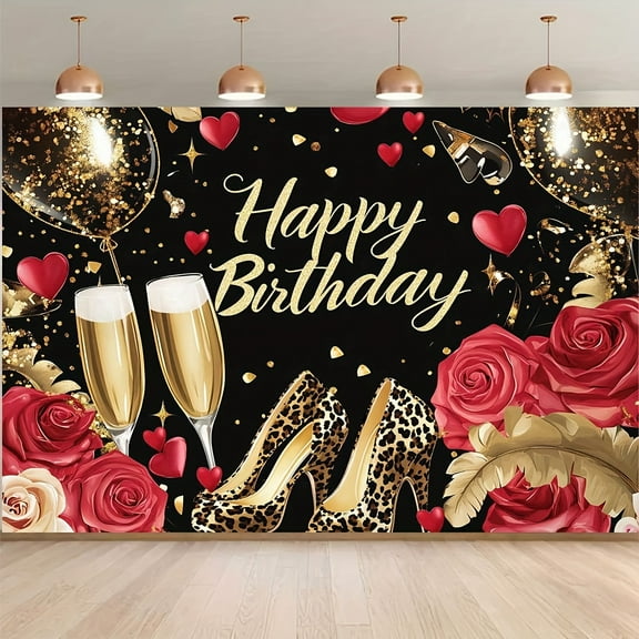 Black Gold Glitter Balloons Birthday Backdrop for Girls Women Red Roses Champagne Glasses Birthday Photography Background Leopard High Heels Happy Birthday Party Decorations Banner Photo Booth Props